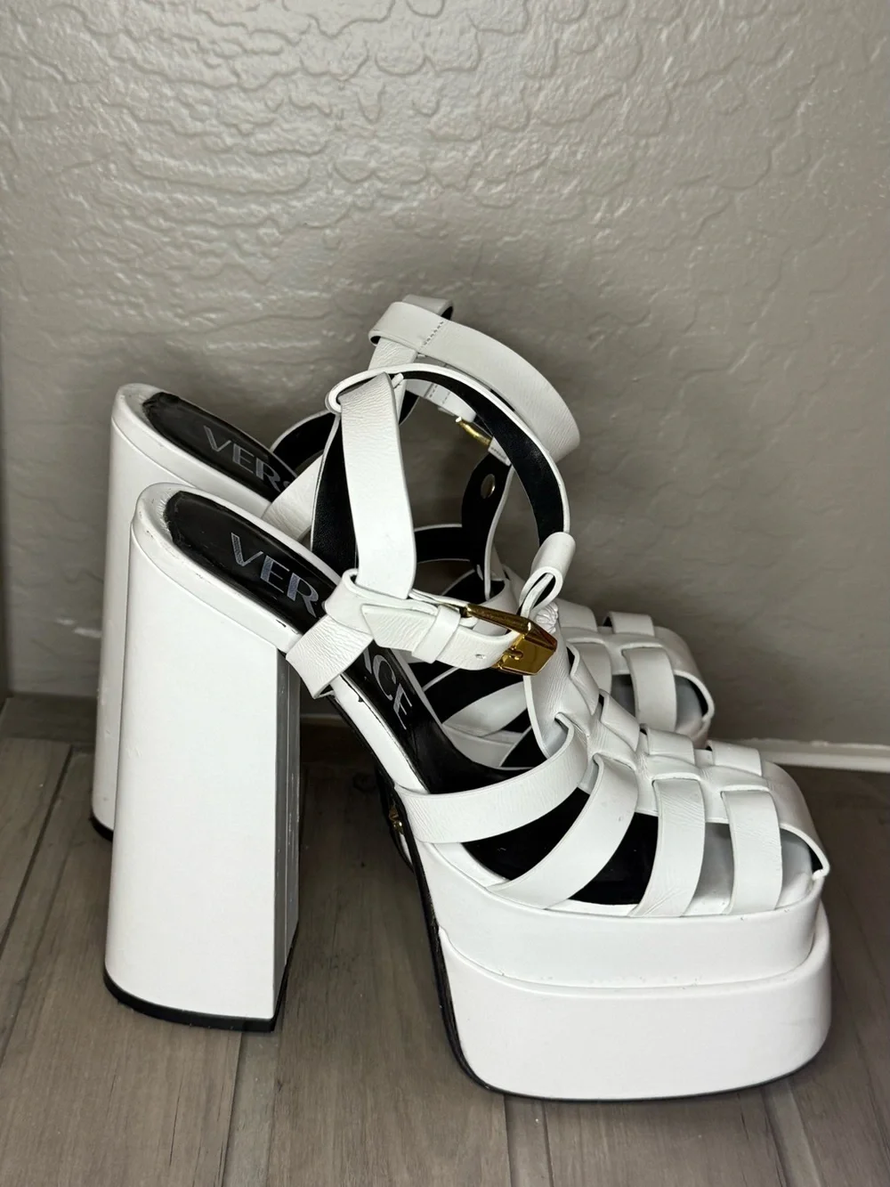 Versace White High Block Platform Strappy Sandals